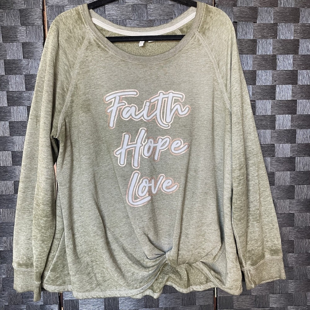 EST 1946 Fleece Sweatshirt Round Neck Green Faith Hope Love Waist Knot  Sz Large